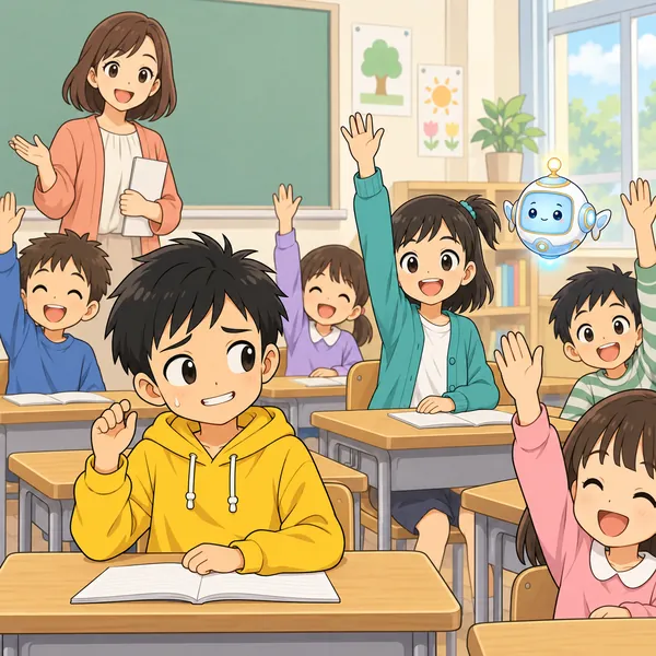授業中。先生が説明を終えて「わかった人?」と聞き、まわりの子が手を上げている