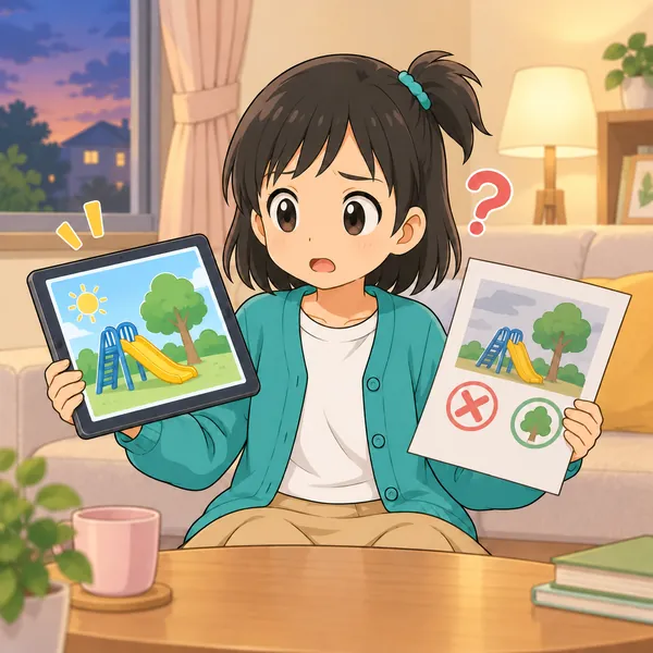 家でタブレットと町の広報紙を見比べても分からず、ミオが困っている。