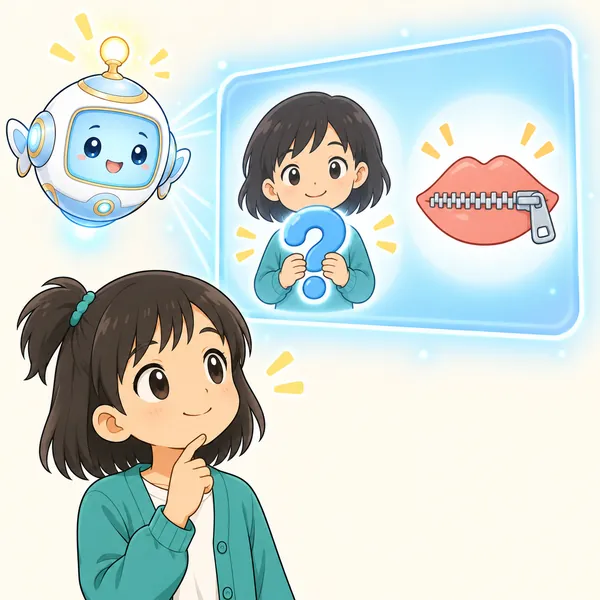AIロボットが、はてなマークをそっとかかえる子と、広げないマークを見せている。