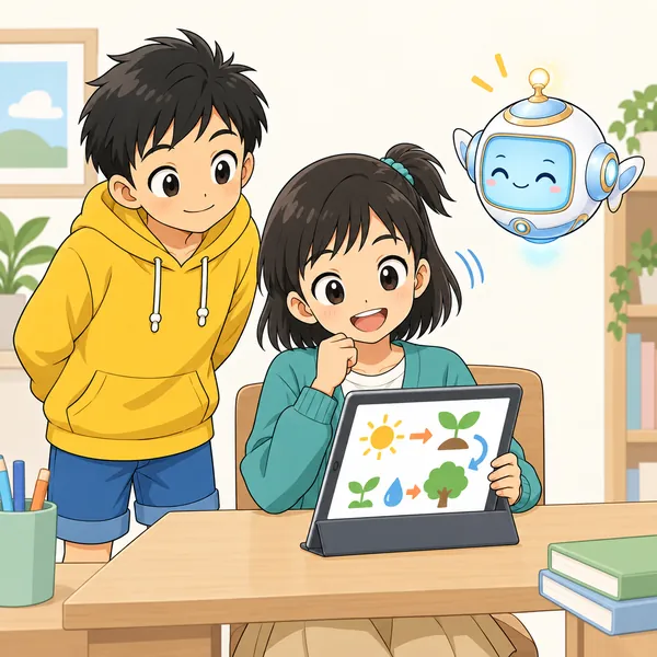 ミオがタブレットでAIの説明を読み、うんうんとうなずいて納得した顔をしている