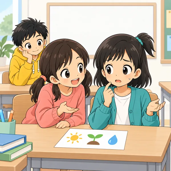 教室。友だちの女の子に「教えて」と言われて、ミオが口ごもり、うまく説明できずに困っている
