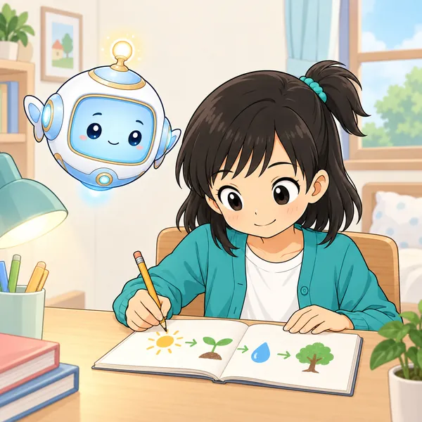 ミオが家でノートに、自分の言葉で書き直している