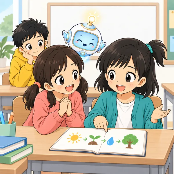 教室。ミオが自分の言葉で友だちに説明し、相手が「わかった!」という笑顔になっている