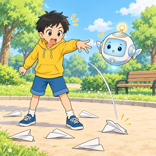 公園で、ハルの紙飛行機がすぐに落ち、足もとにいくつも転がっている。