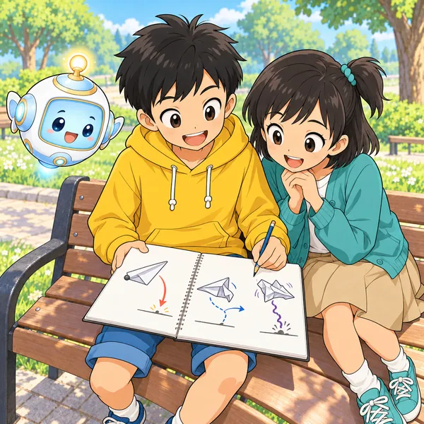 ハルがベンチでノートに分かったことを3つかきこみ、ミオがのぞきこんでいる。
