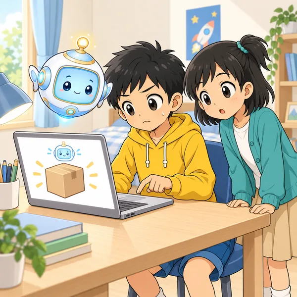 ハルがAIに全部まかせようとして手を止め、ミオが画面をのぞいている。