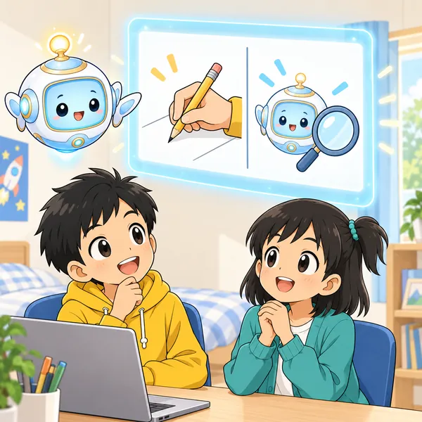 AIロボットの窓に、紙が自分で書く所とAIに手伝ってもらう所に分かれた図がうかんでいる。