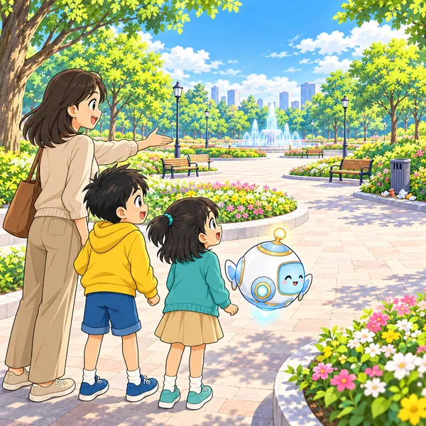 昼の公園で、ハルが母といっしょに全体を見わたし、ゴミ箱の近くだけゴミがあると気づいている。