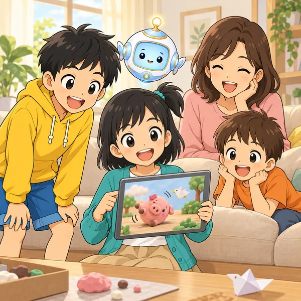 ミオが、ねんどのぶたのアニメを、お母さんと弟にタブレットで見せている。