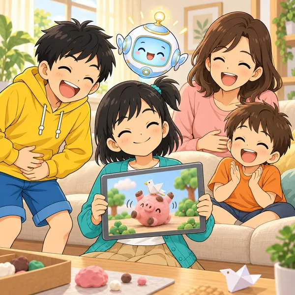 撮り直したアニメを見せ、お母さんと弟とハルがみんなで大笑いしている。
