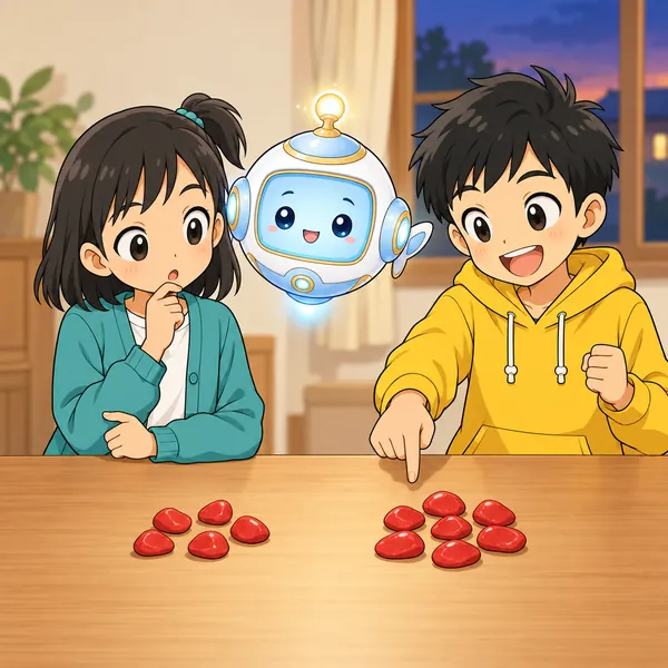 机の上の赤い小石の山を2つ並べて、ハルとミオが見比べている。