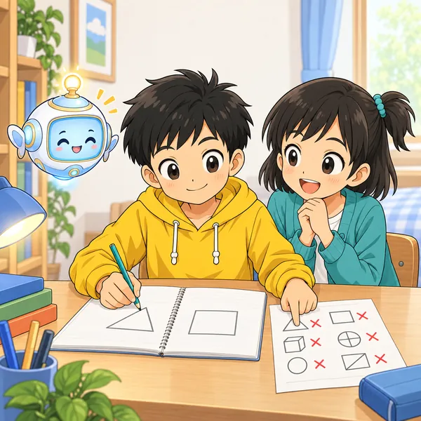 ハルが顔を上げて、まちがえた所から勉強をやり直しはじめている
