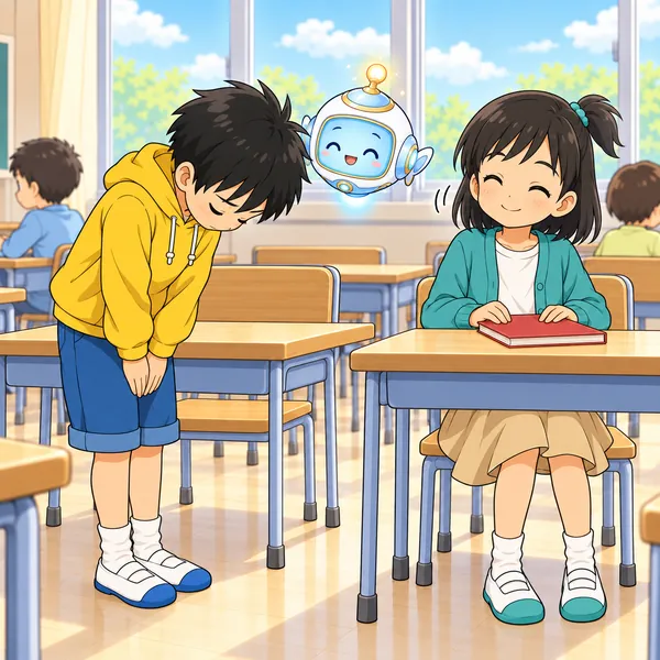 ハルがミオに頭を下げ、ミオが笑ってうなずいている。