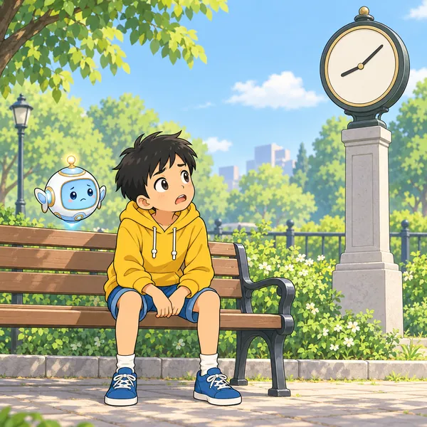 昼の公園で、ハルがベンチにすわって時計を見ながら友だちを待っている。