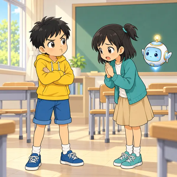 次の日の教室で、ミオが両手を合わせてあやまり、ハルがむっとしている。
