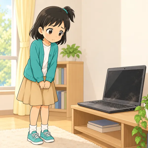 部屋のすみに置かれた古いノートパソコンを、ミオが見ている。