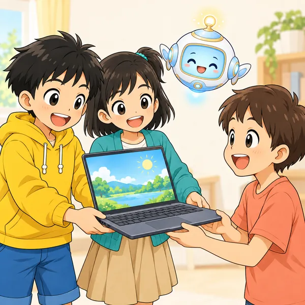 直したパソコンを、ハルとミオが別の子どもに手わたしている。