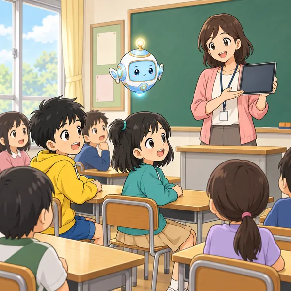 教室。やさしい女性の先生が黒板の前でタブレットをかかげて説明している