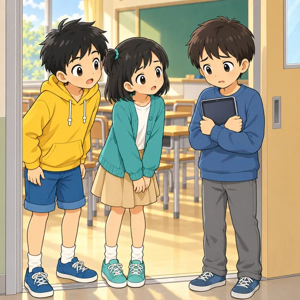 放課後の教室の入口。ハルとミオの近くに、短い髪の男の子がタブレットを持って困った顔で立っている
