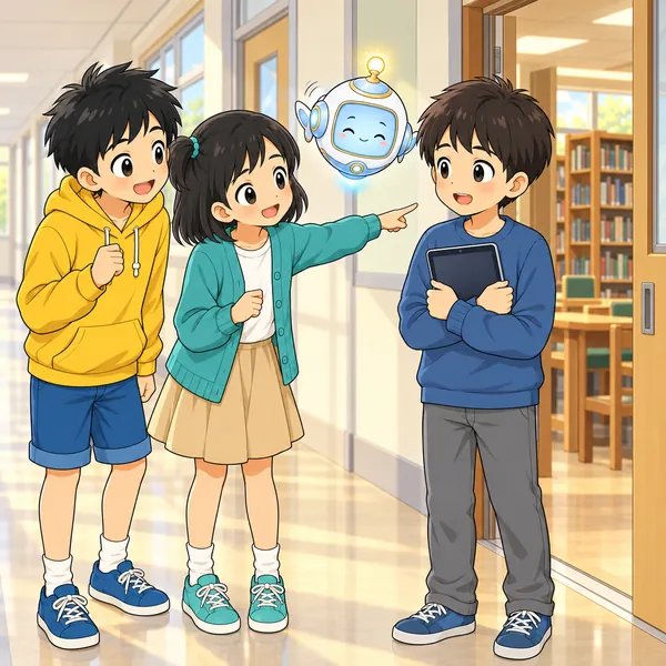 ミオがその男の子にやさしく声をかけ、廊下の先の図書室を指さしている