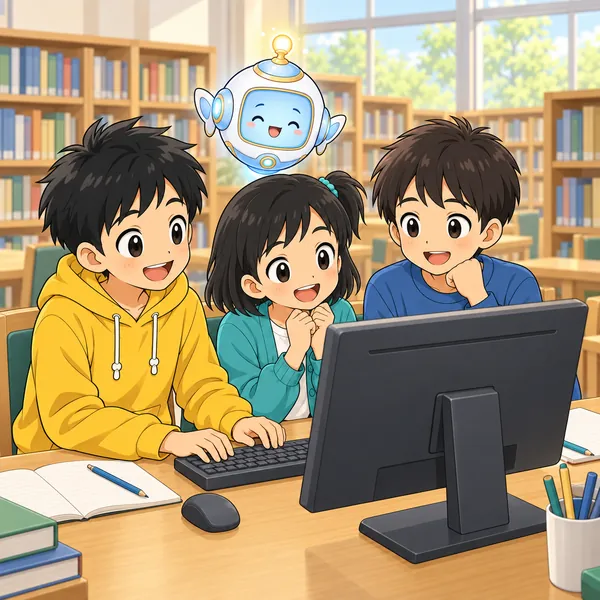 学校の図書室。ハル・ミオ・その男の子の3人がパソコンの前に並んで座り、一緒に宿題をして笑っている