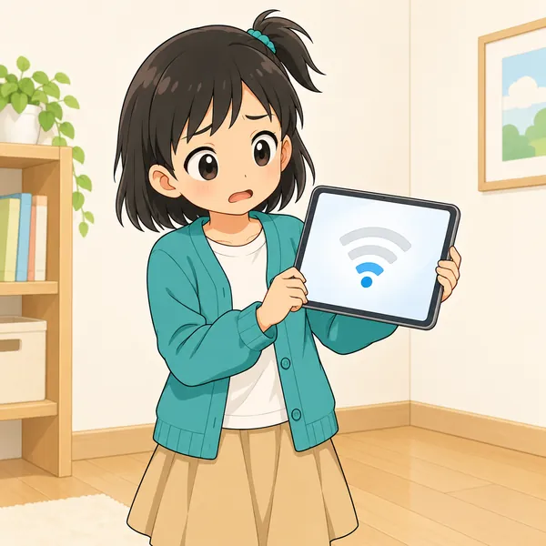 部屋のすみでミオがタブレットを持ち、電波が弱くて困っている。