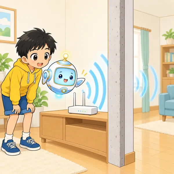 AIロボットが、通信機器から広がる電波と、あいだの厚い壁を示している。