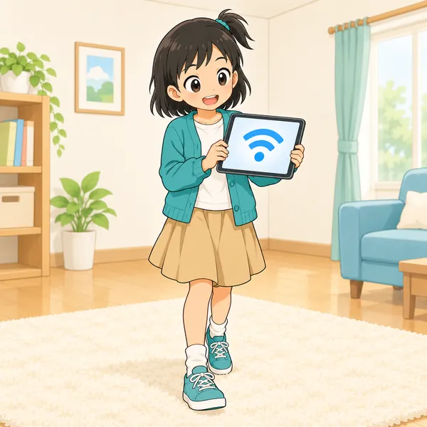 部屋の中央に移動したミオのタブレットに、電波マークがしっかり立っている。