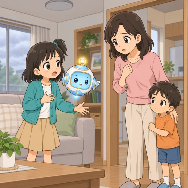 ミオが、こまった顔でお母さんに家電が動かないことを話している。