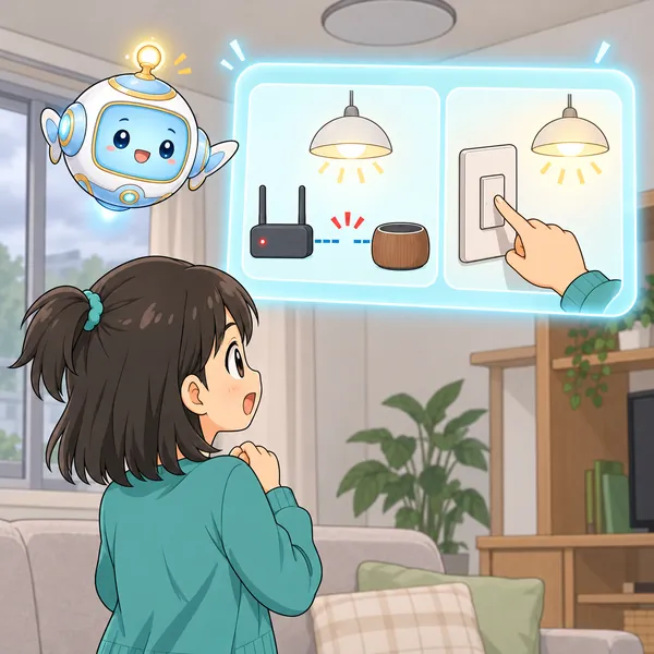 AIロボットが、切れた線と壁のスイッチをおす手の絵を窓に見せている。
