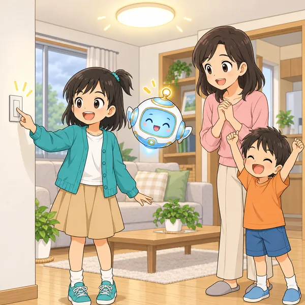 ミオが壁のスイッチをおして部屋が明るくなり、弟とお母さんも笑顔になっている。