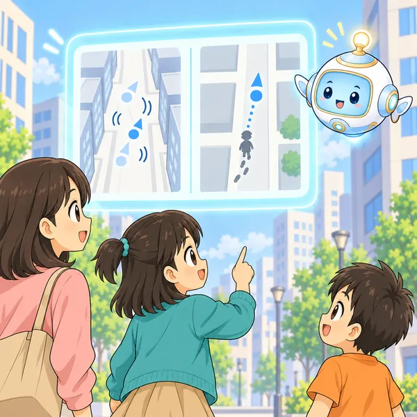 AIロボットが、建物の間で地図の点がずれる絵と、少し歩くと向きが分かる絵を窓に見せている。