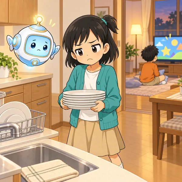 ミオが、むすっとした顔で夕食のお皿を運んでいる。