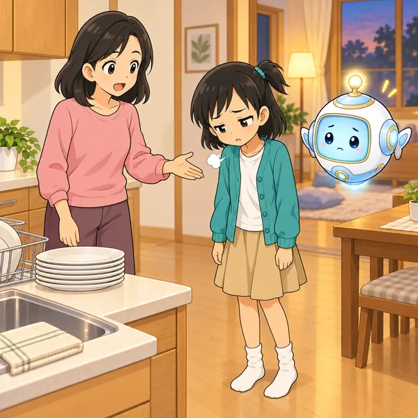 母に呼ばれて、ミオがため息をついている。
