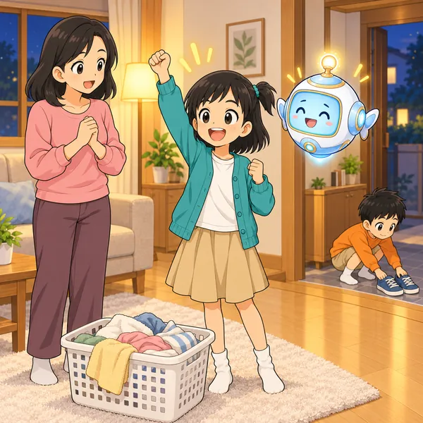 ミオがせんたく物をたたむ係を宣言し、弟もくつをそろえている。