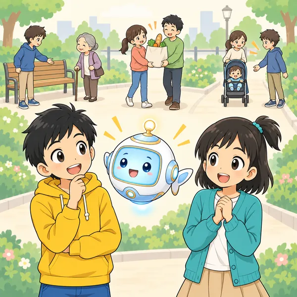 アイが横で話している。まわりでは、席をゆずる人、荷物を持つ人、道をあける人の姿が小さく見える