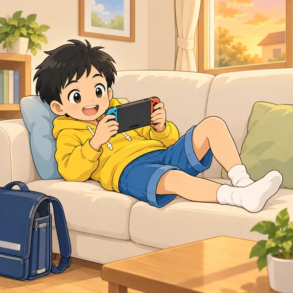 放課後。ハルが友だちとの小さな約束を忘れて、家でだらけている