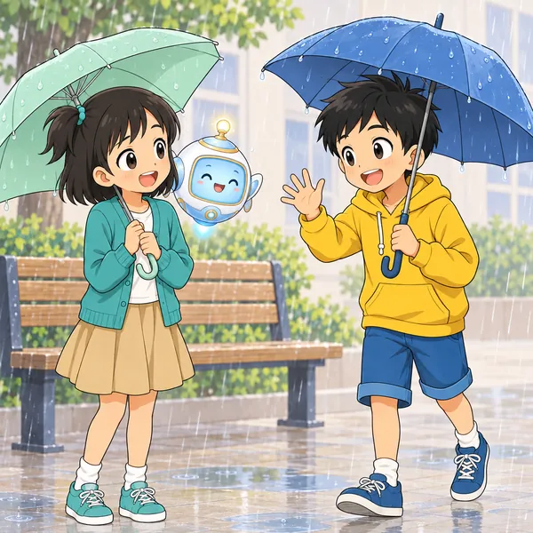 後日。ハルが雨の日でも約束どおり集合場所に来て、友だちがおどろいて喜んでいる