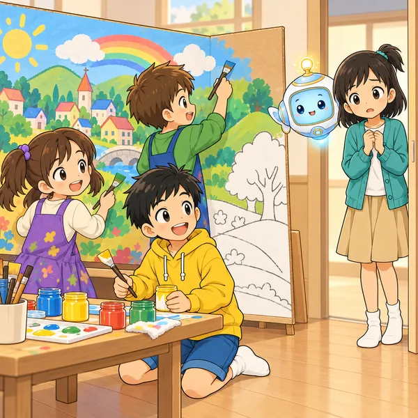 ミオが、みんなが作品を作っているクラブの部屋の入り口で立ち止まっている。
