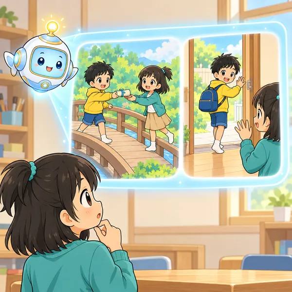 AIロボットが、荷物をとなりの子に手わたしてからドアを出る絵を見せている。