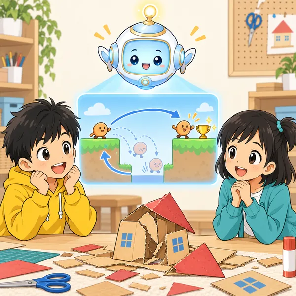 アイが、何度もやり直しながらクリアしていくゲームの画面を見せている
