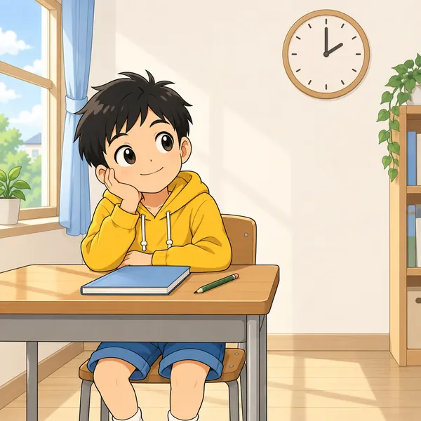 ハルが机の前にすわり、ドリルを開かないまま「そのうちやる気が出るはず」とぼんやりしている