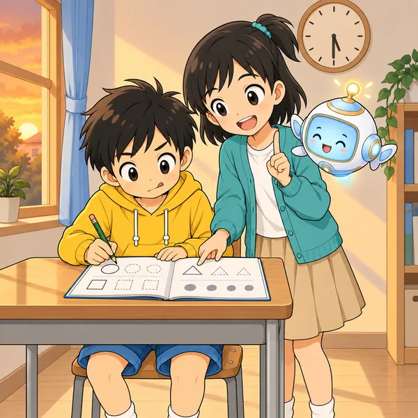 ミオとアイが、まずえんぴつを持って1問だけ解くようにすすめている
