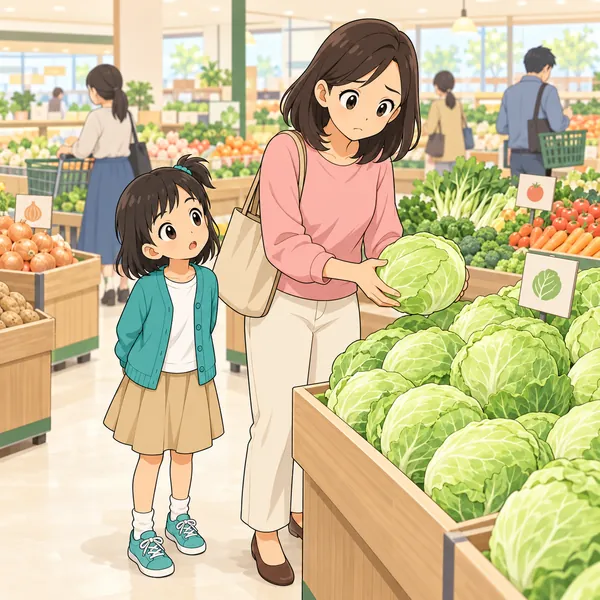 野菜売り場で、母がキャベツを手に取ってもどし、ミオが見上げている。