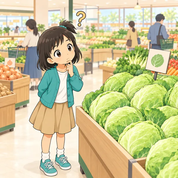 ミオが、いつもと値段がちがうと聞いて、キャベツの山をふしぎそうに見ている。