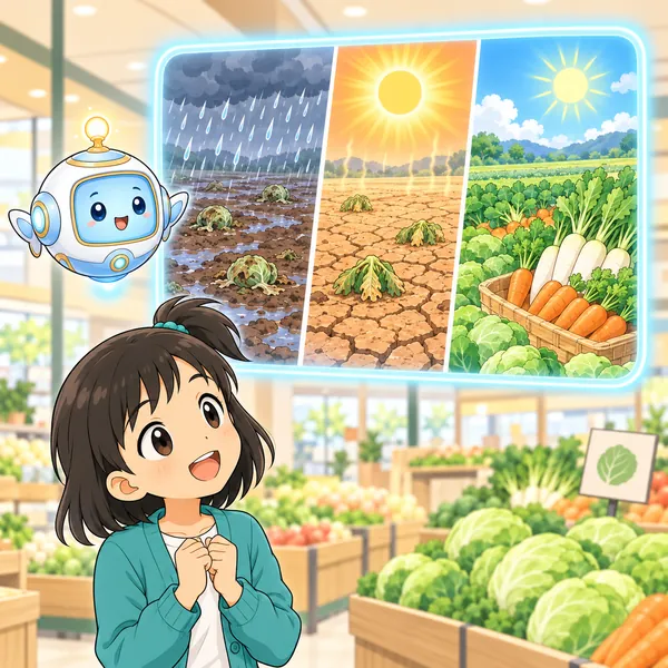 AIロボットが、天気で野菜のとれる量が変わる畑の絵を見せている。