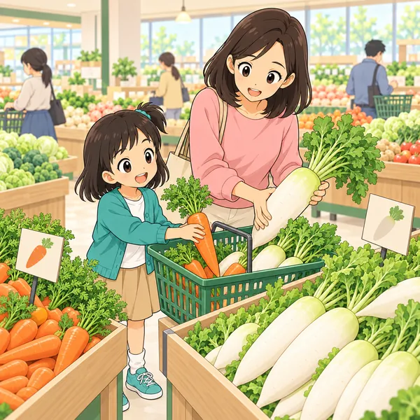 ミオと母が、たくさんとれている季節の野菜をかごに入れている。
