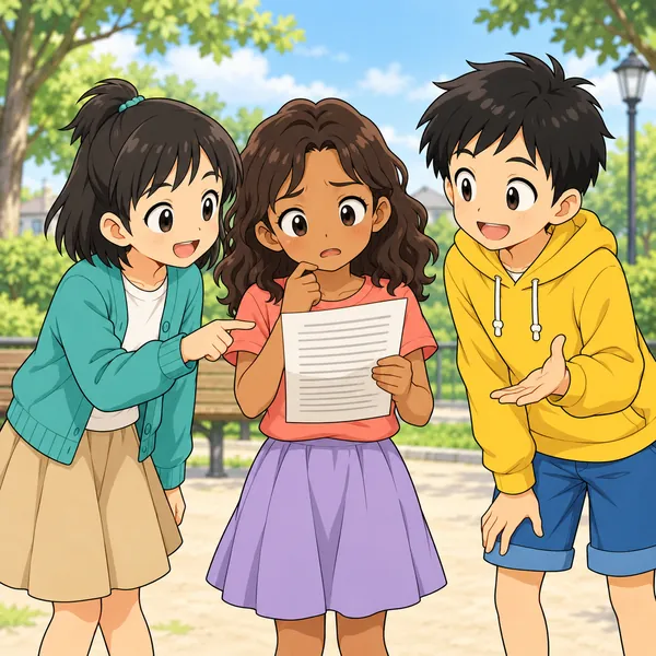 公園で、外国から来た女の子がお知らせの紙を持ってこまり、ミオとハルが話しかけている。