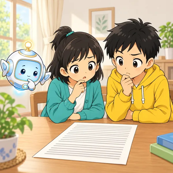 テーブルで、ミオとハルがむずかしそうなお知らせの紙を見て考えている。