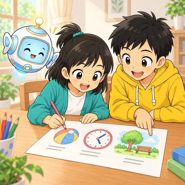 ミオが短い文と絵で新しいお知らせを書き、ハルが手伝い、AIロボットがうなずいている。
